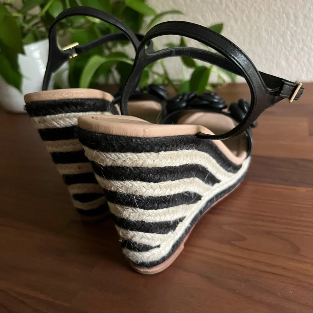 Kate Spade New York Jill Rosette Black Cream Espadrille Platform Wedge Sandals